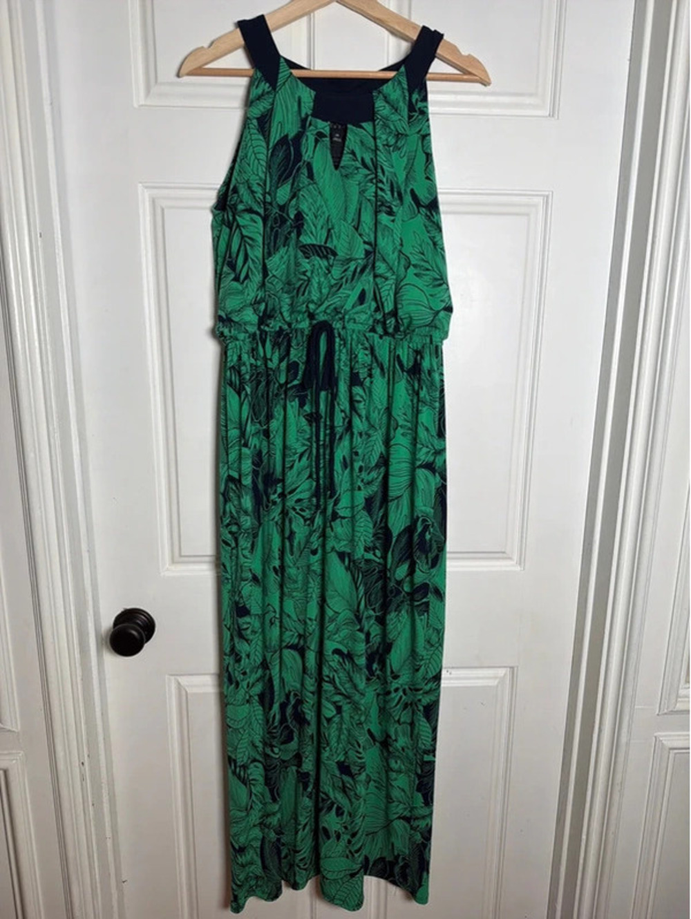 Navy Halter Green Palm Leaves Sleeveless Dress 14